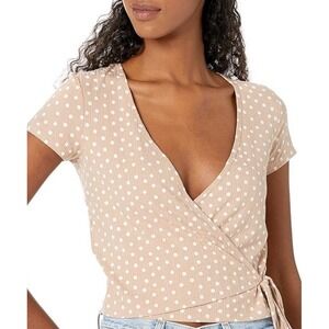 Billabong Wrap Tie Top Blouse Find Me KHD Sz Large Beige White Polka Dots